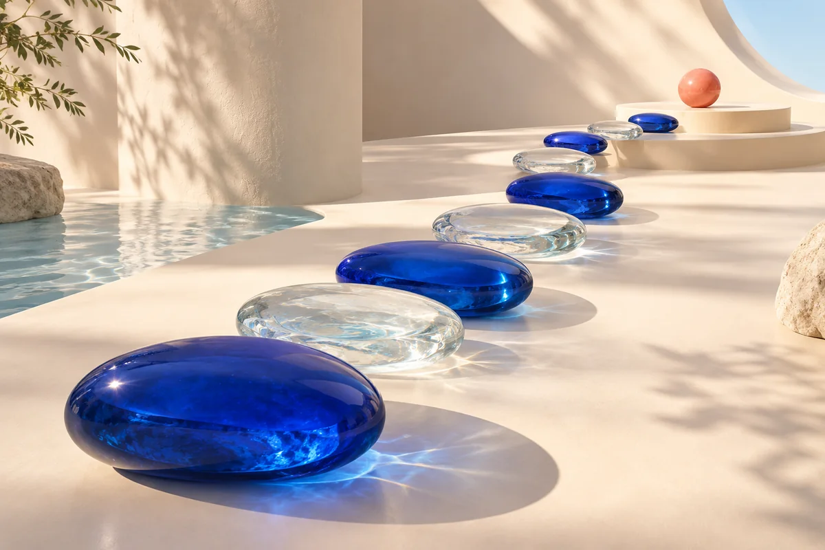 Blue and glass stepping stones forming a path towards a coral sphere